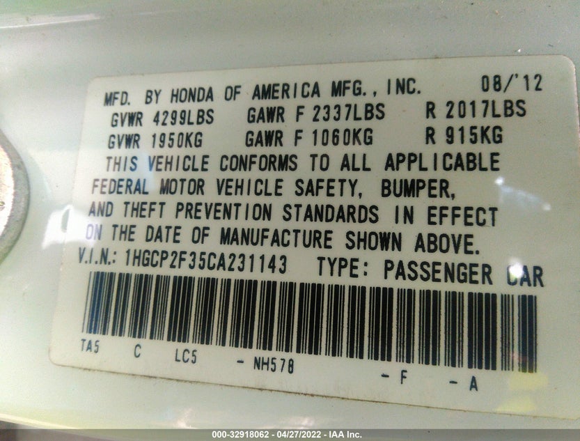 1HGCP2F35CA231143