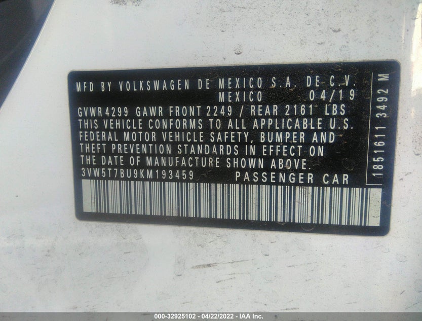 3VW5T7BU9KM193459
