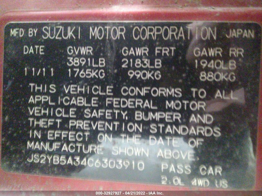 2012 Suzuki Sx4 Tech Valu Pkg (Nav)/Premium VIN: JS2YB5A34C6303910 Lot: 39629376