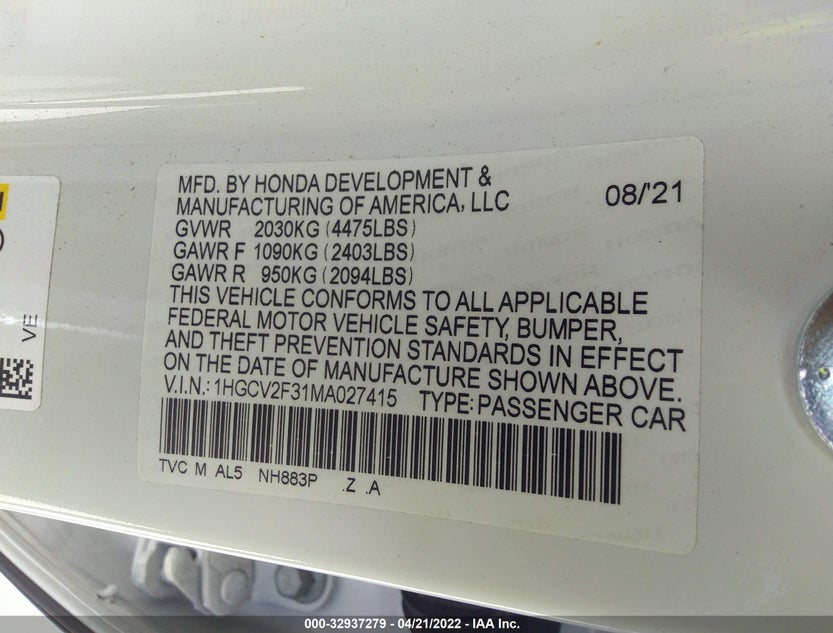 1HGCV2F31MA027415
