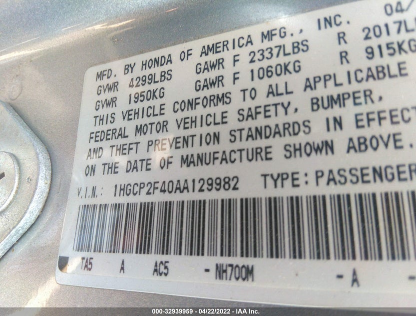 1HGCP2F40AA129982