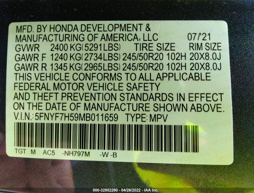 5FNYF7H59MB011659