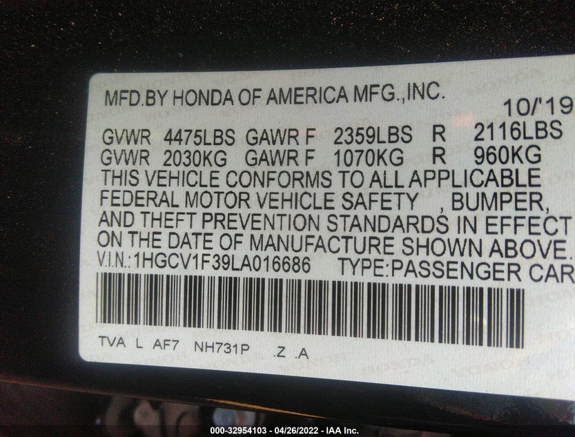 1HGCV1F39LA016686