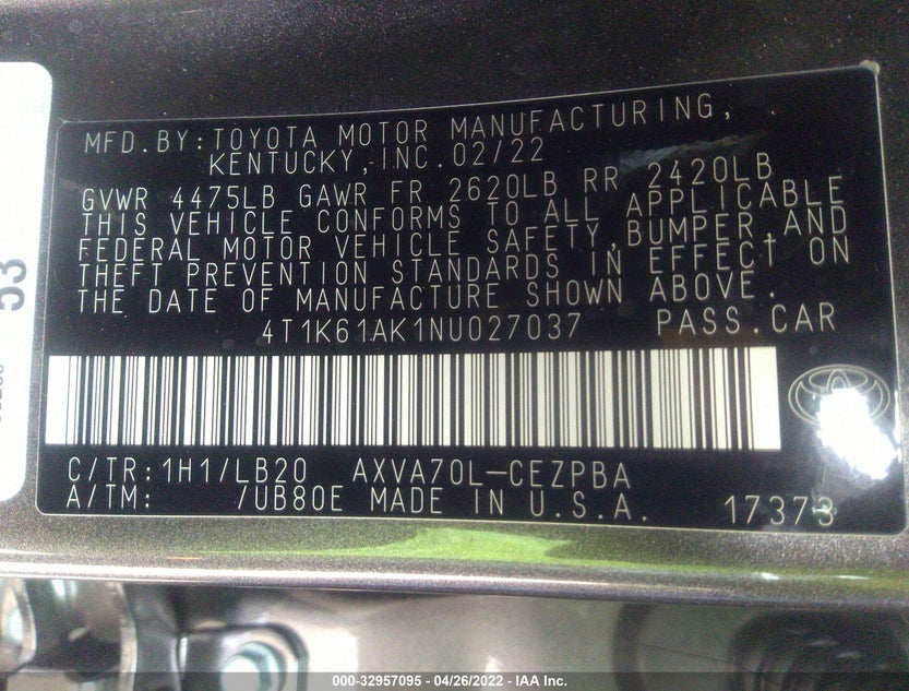 4T1K61AK1NU027037