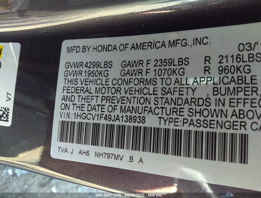 1HGCV1F49JA138938