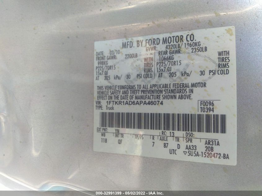 2010 Ford Ranger Xl/Xlt VIN: 1FTKR1AD6APA46074 Lot: 32991399