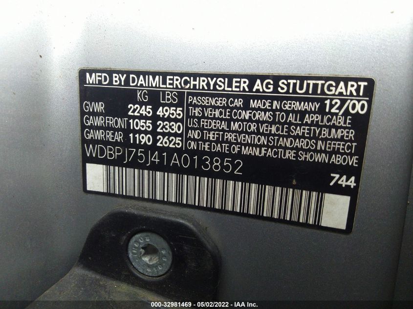 WDBPJ75J41A013852 2001 Mercedes-Benz Cl-Class Base (A5)