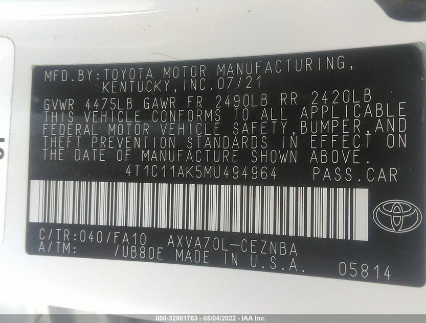 4T1C11AK5MU494964