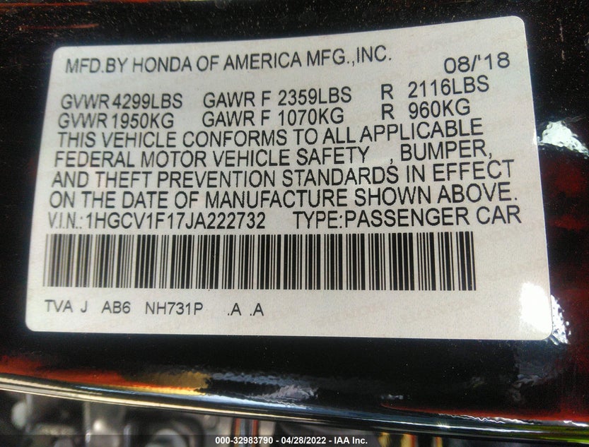 1HGCV1F17JA222732