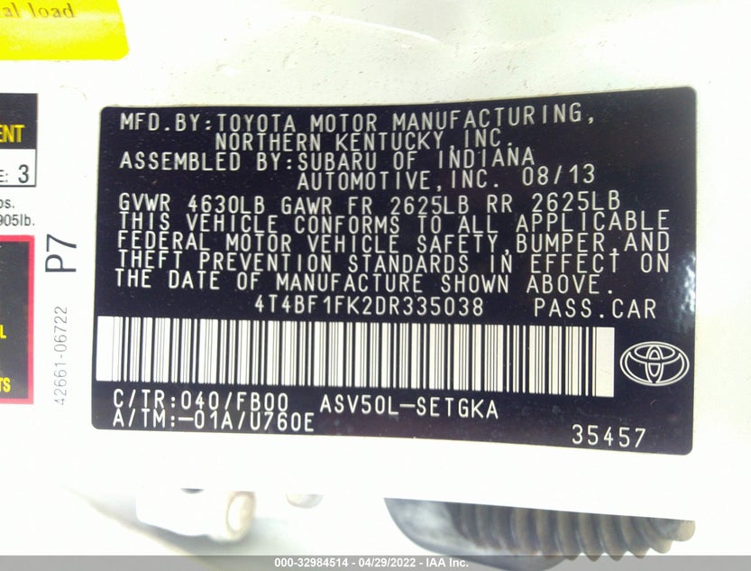 4T4BF1FK2DR335038