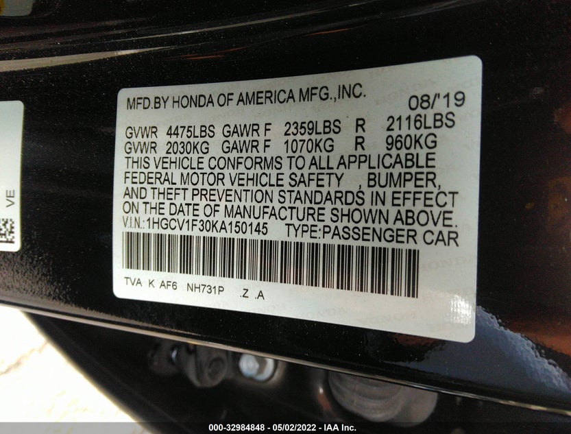 1HGCV1F30KA150145