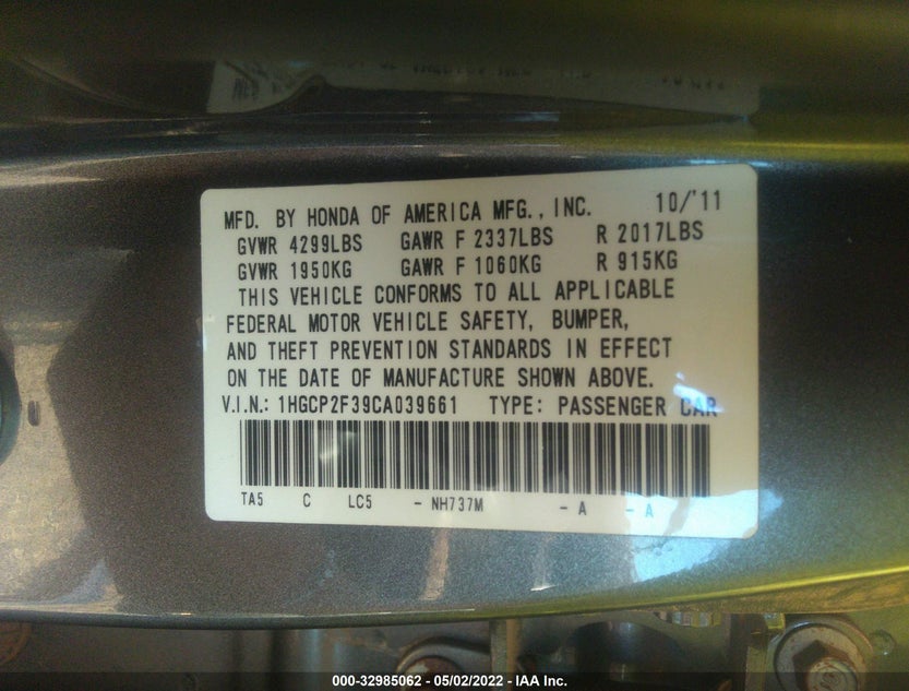 1HGCP2F39CA039661