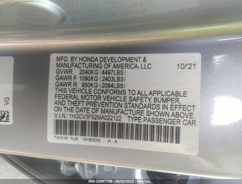 1HGCV3F92MA022122