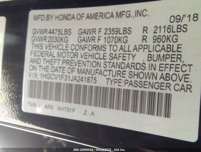 1HGCV1F31JA241875