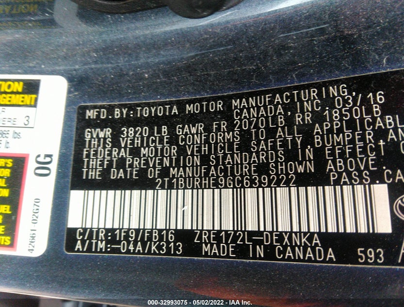 2T1BURHE9GC639222