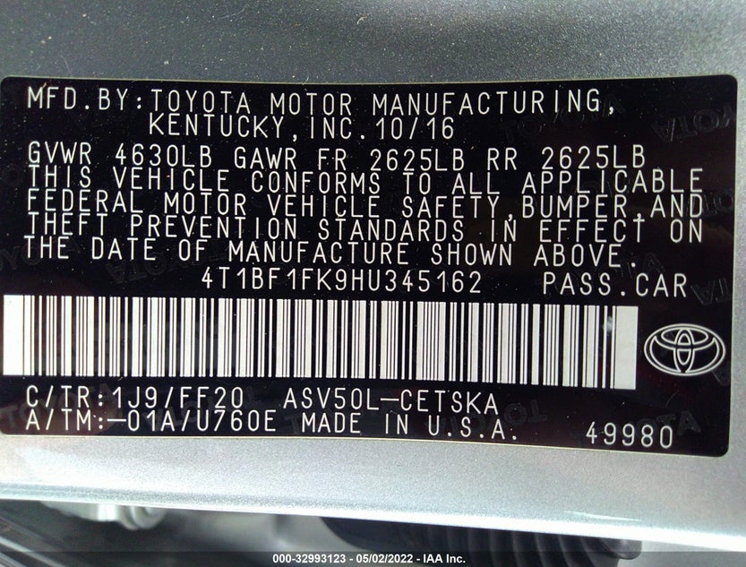 4T1BF1FK9HU345162