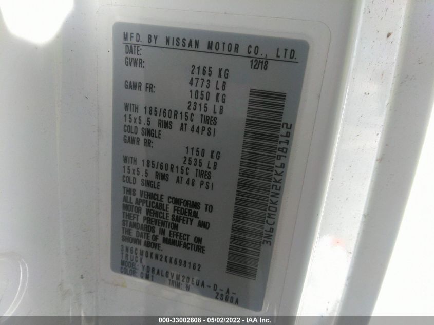 2019 Nissan Nv200 Sv VIN: 3N6CM0KN2KK698162 Lot: 33002608