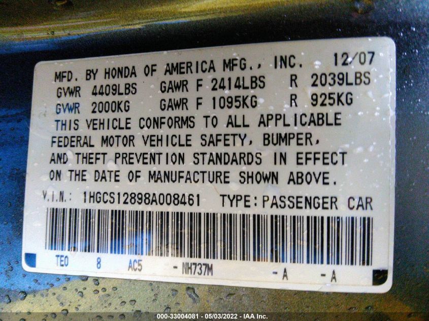 2008 Honda Accord 2.4 Ex-L VIN: 1HGCS12898A008461 Lot: 33004081