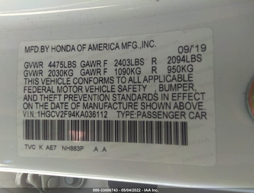 1HGCV2F94KA036112