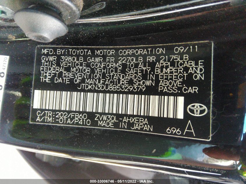 JTDKN3DU8B5329379 2011 Toyota Prius Three