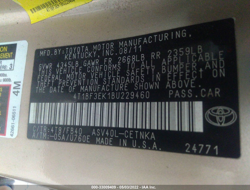 4T1BF3EK1BU229460