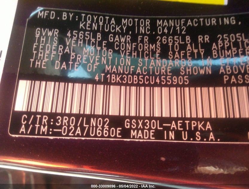 4T1BK3DB5CU455905