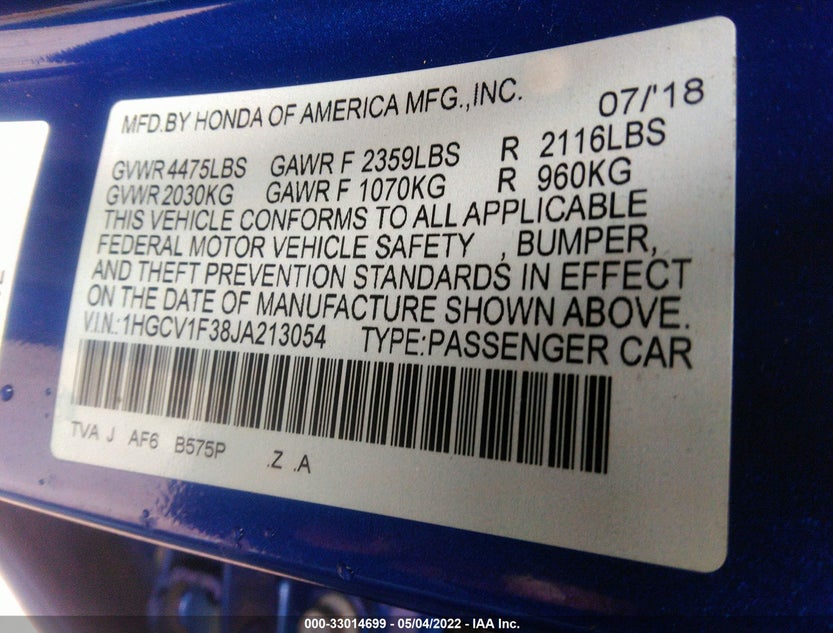 1HGCV1F38JA213054