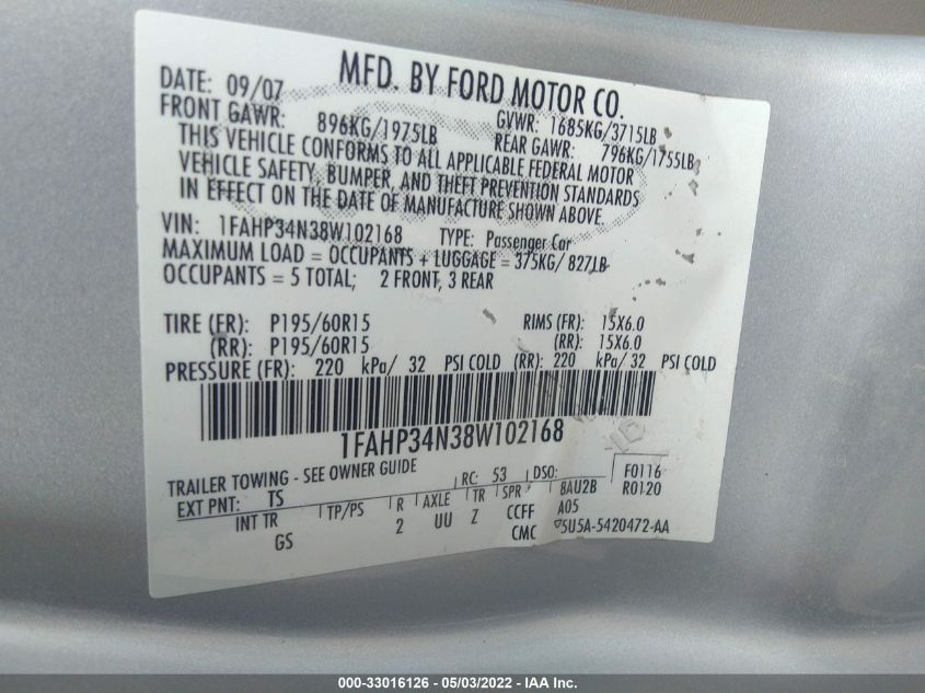 2008 Ford Focus S VIN: 1FAHP34N38W102168 Lot: 33016126