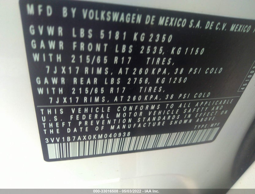 3VV1B7AX0KM040938