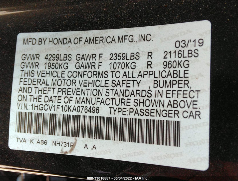 1HGCV1F10KA076496