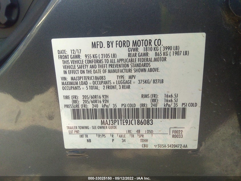 2018 FORD ECOSPORT VIN: MAJ3P1TE9JC186083