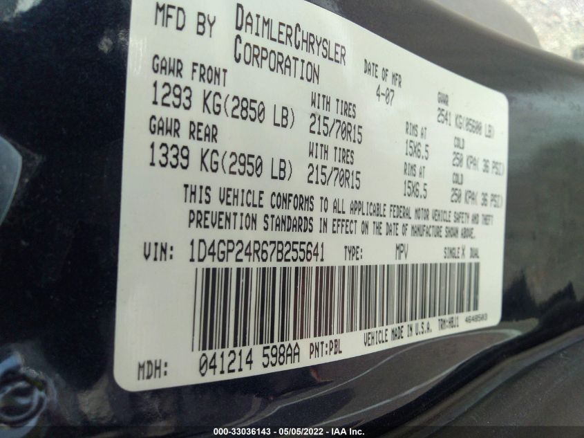 2007 Dodge Grand Caravan Se VIN: 1D4GP24R67B255641 Lot: 33036143