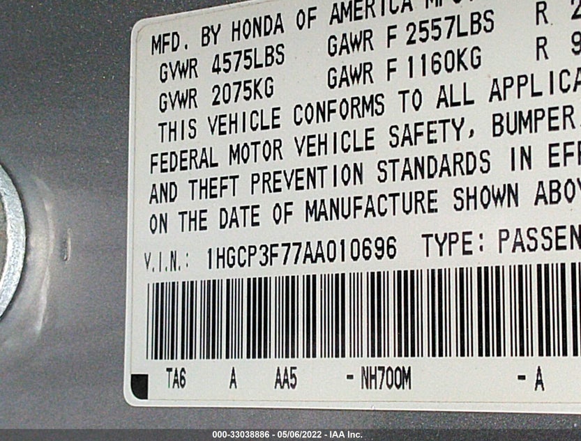 1HGCP3F77AA010696