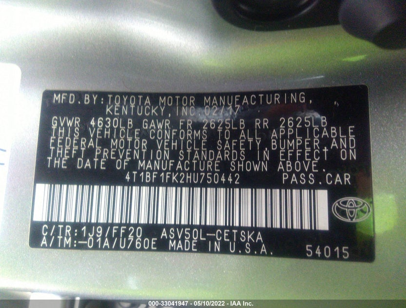 4T1BF1FK2HU750442