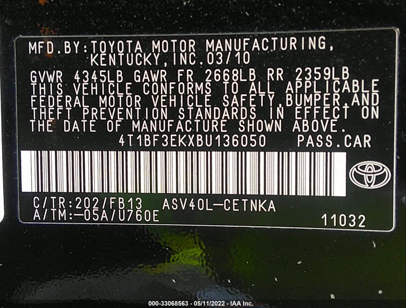 4T1BF3EKXBU136050