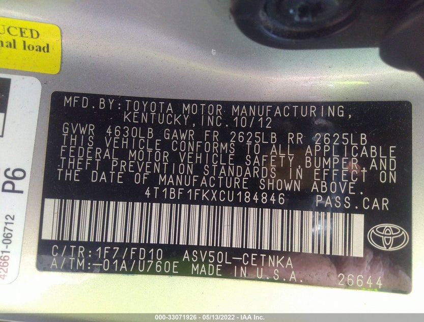 4T1BF1FKXCU184846