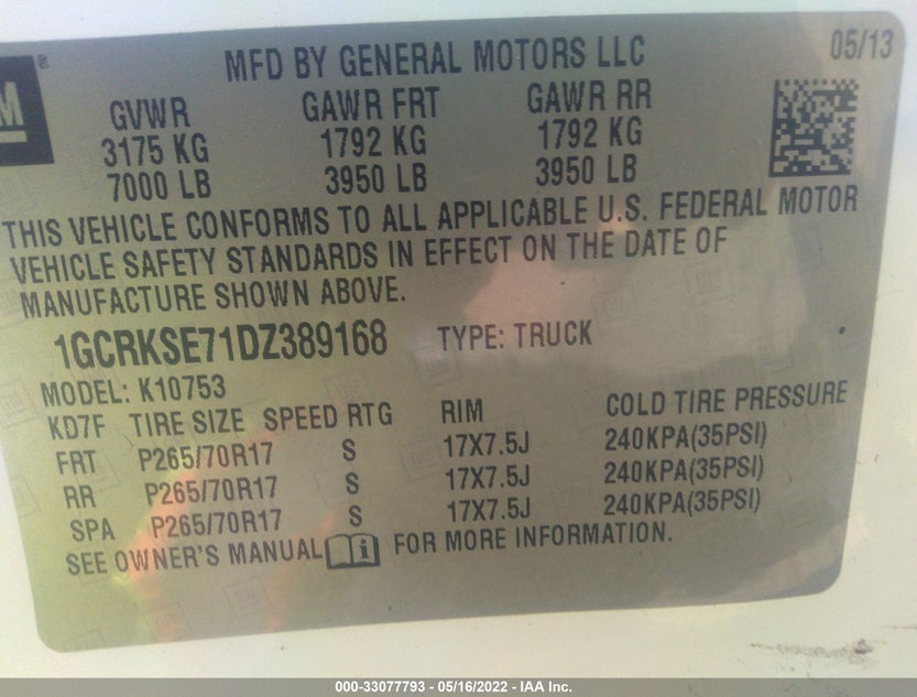 1GCRKSE71DZ389168
