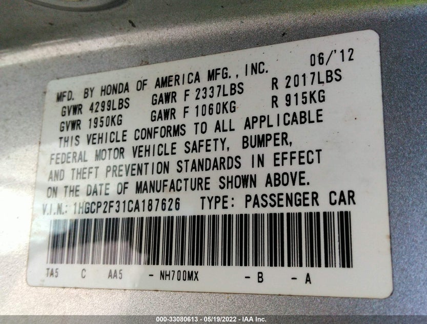 1HGCP2F31CA187626