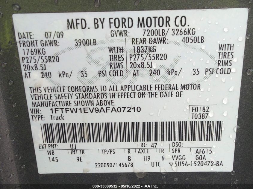 2010 Ford F-150 Lariat/Fx4/Xl/Xlt VIN: 1FTFW1EV9AFA07210 Lot: 33089532