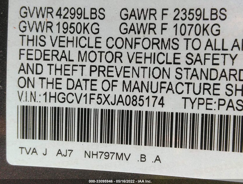 1HGCV1F5XJA085174