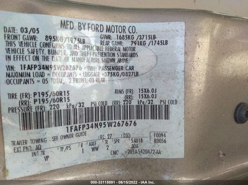 1FAFP34N95W267676 2005 Ford Focus Zx4