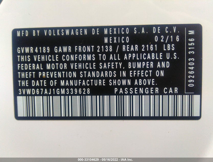 3VWD67AJ1GM339628