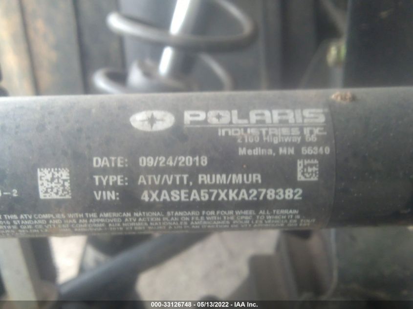2019 Polaris Sportsman 570 VIN: 4XASEA57XKA278382 Lot: 33126748