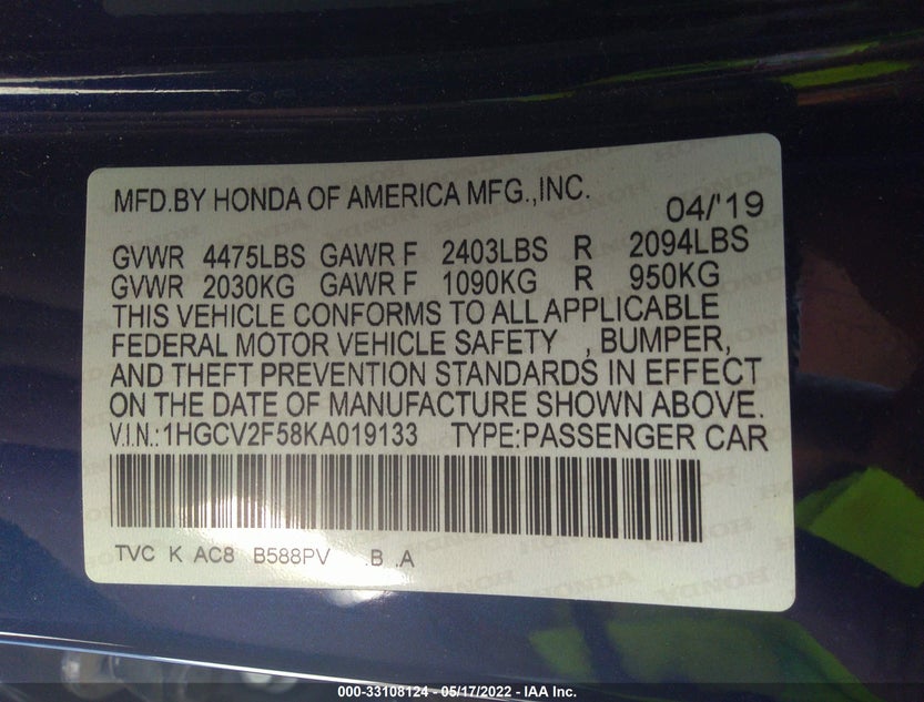 1HGCV2F58KA019133