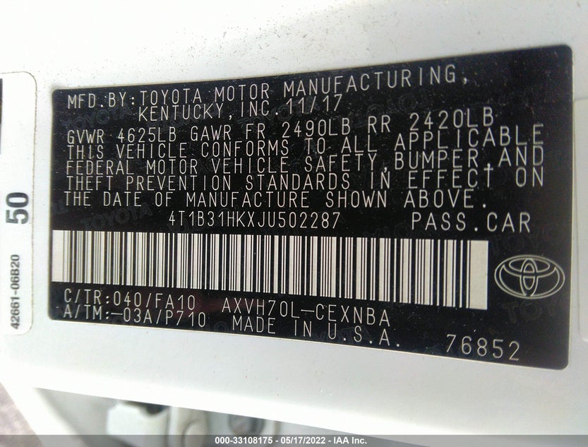 4T1B31HKXJU502287