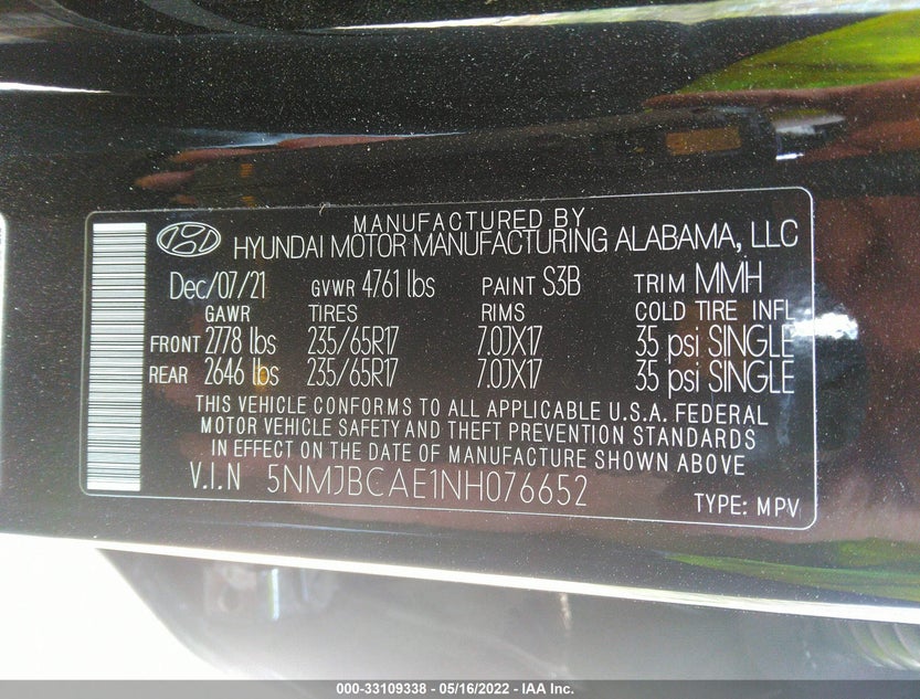 5NMJBCAE1NH076652