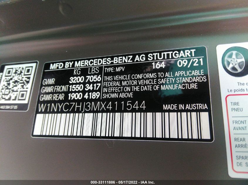 VIN W1NYC7HJ3MX411544 2021 Mercedes-Benz G-Class, A... no.9