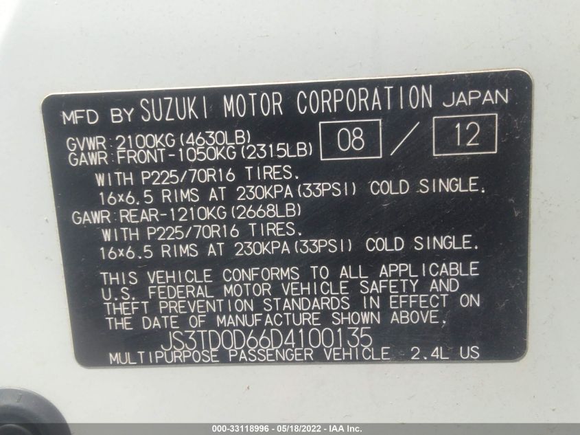 VIN JS3TD0D66D4100135 2013 Suzuki Grand Vitara, Pre... no.9