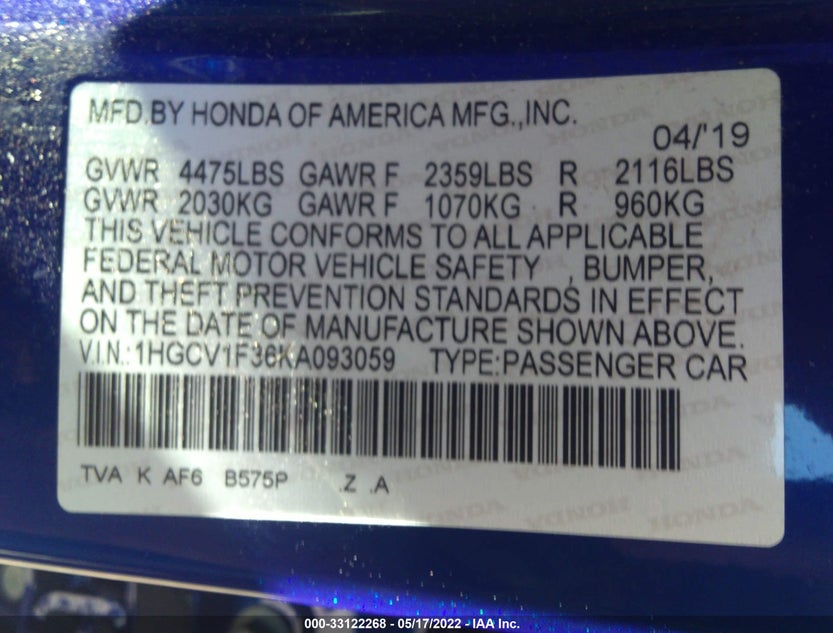 1HGCV1F36KA093059