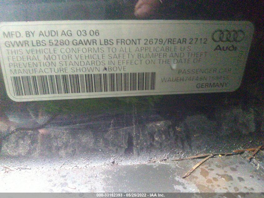 WAUEH74F46N159456 2006 Audi A6 3.2